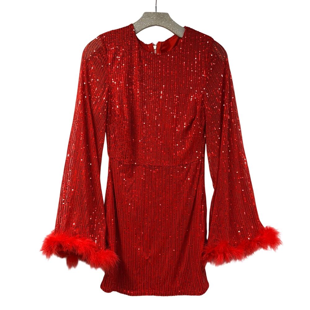 Red Sequin Mini Dress Feather Trim Bell Sleeve Full Zip Back Small